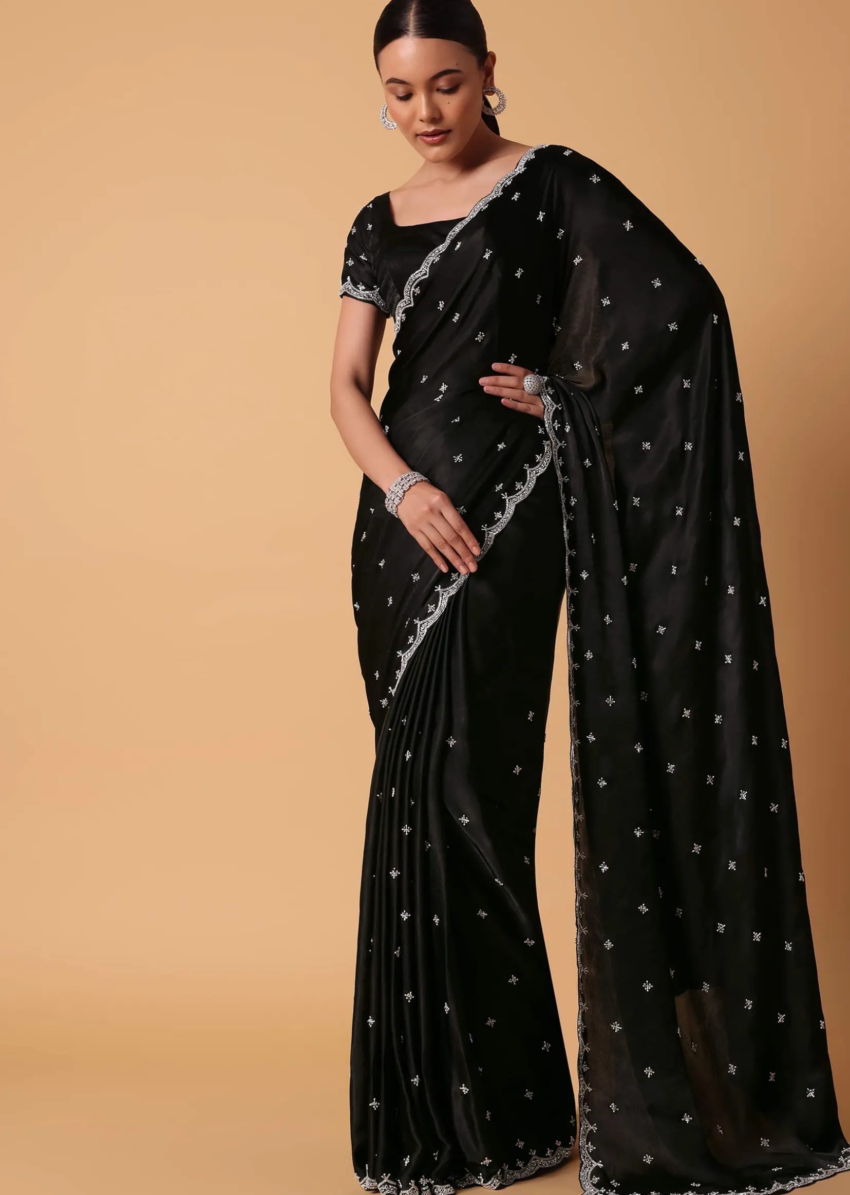 Black Satin Saree With Stone Embellishments And Unstitched Blouse Piece