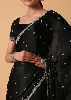 Black Satin Saree With Stone Embellishments And Unstitched Blouse Piece