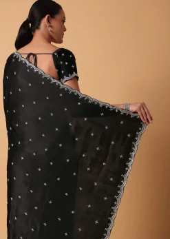 Black Satin Saree With Stone Embellishments And Unstitched Blouse Piece