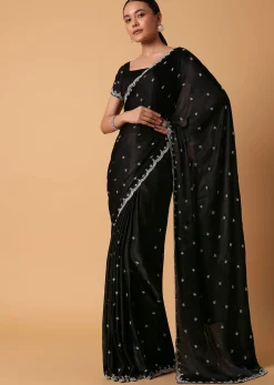 Black Satin Saree With Stone Embellishments And Unstitched Blouse Piece
