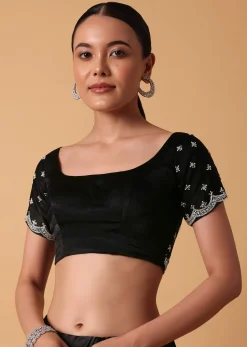 Black Satin Saree With Stone Embellishments And Unstitched Blouse Piece