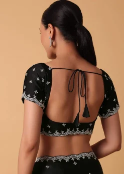 Black Satin Saree With Stone Embellishments And Unstitched Blouse Piece