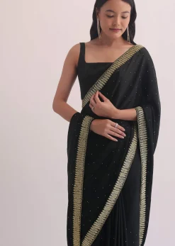 Black Satin Saree With Stone Studded Border