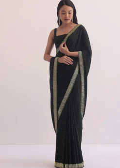 Black Satin Saree With Stone Studded Border