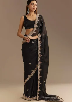 Black Satin Saree With Zardosi Sequins And Scallop Border