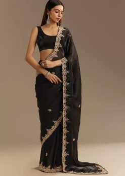 Black Satin Saree With Zardosi Sequins And Scallop Border