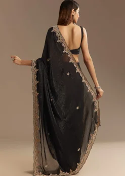 Black Satin Saree With Zardosi Sequins And Scallop Border