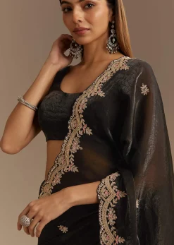 Black Satin Saree With Zardosi Sequins And Scallop Border