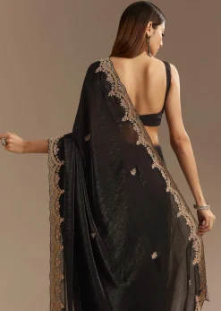 Black Satin Saree With Zardosi Sequins And Scallop Border