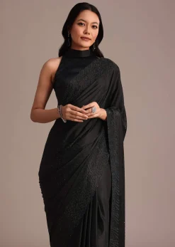Black Satin Stone And Diamond Embroidered Saree