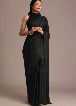 Black Satin Stone And Diamond Embroidered Saree