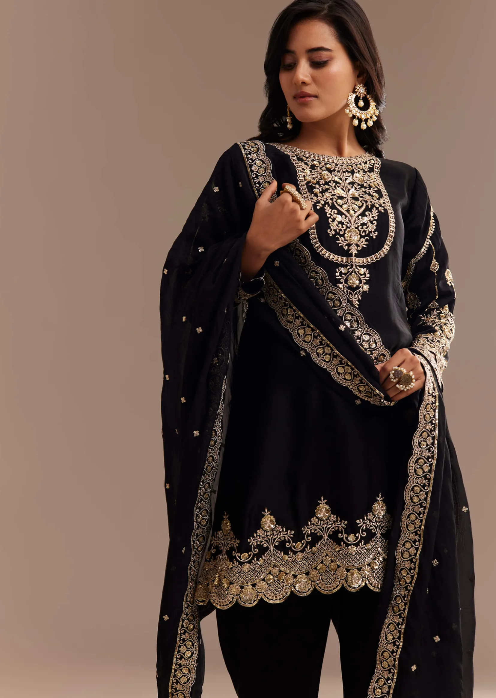 Black Satin Zari Embroidered Dhoti Kurta Set