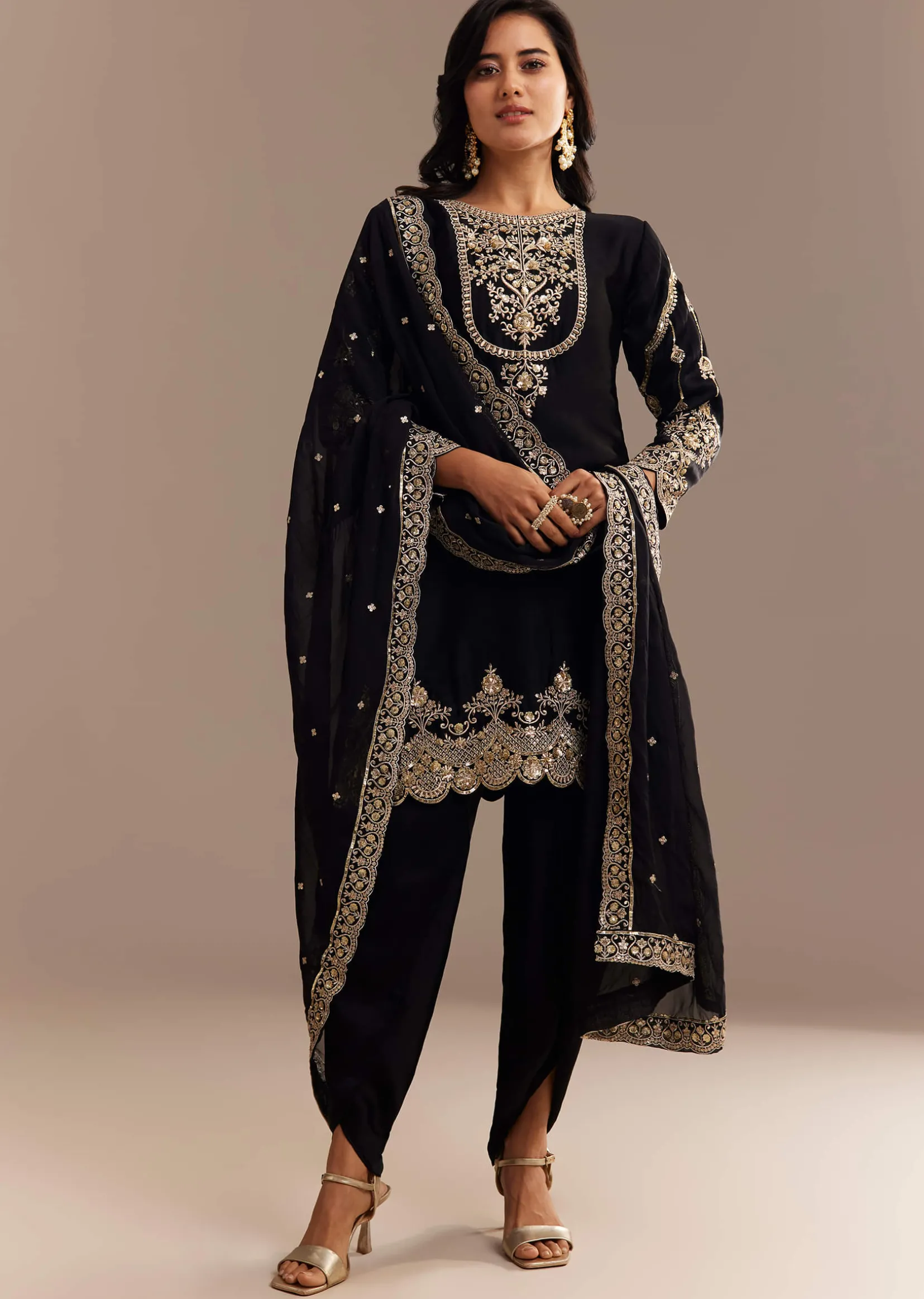 Black Satin Zari Embroidered Dhoti Kurta Set