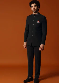 Black Self Work Jodhpuri Suit For Men
