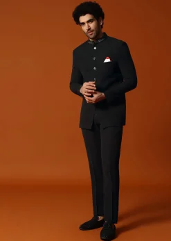 Black Self Work Jodhpuri Suit For Men