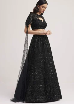 Black Sequin Embellished Lehenga Choli Set With Cape
