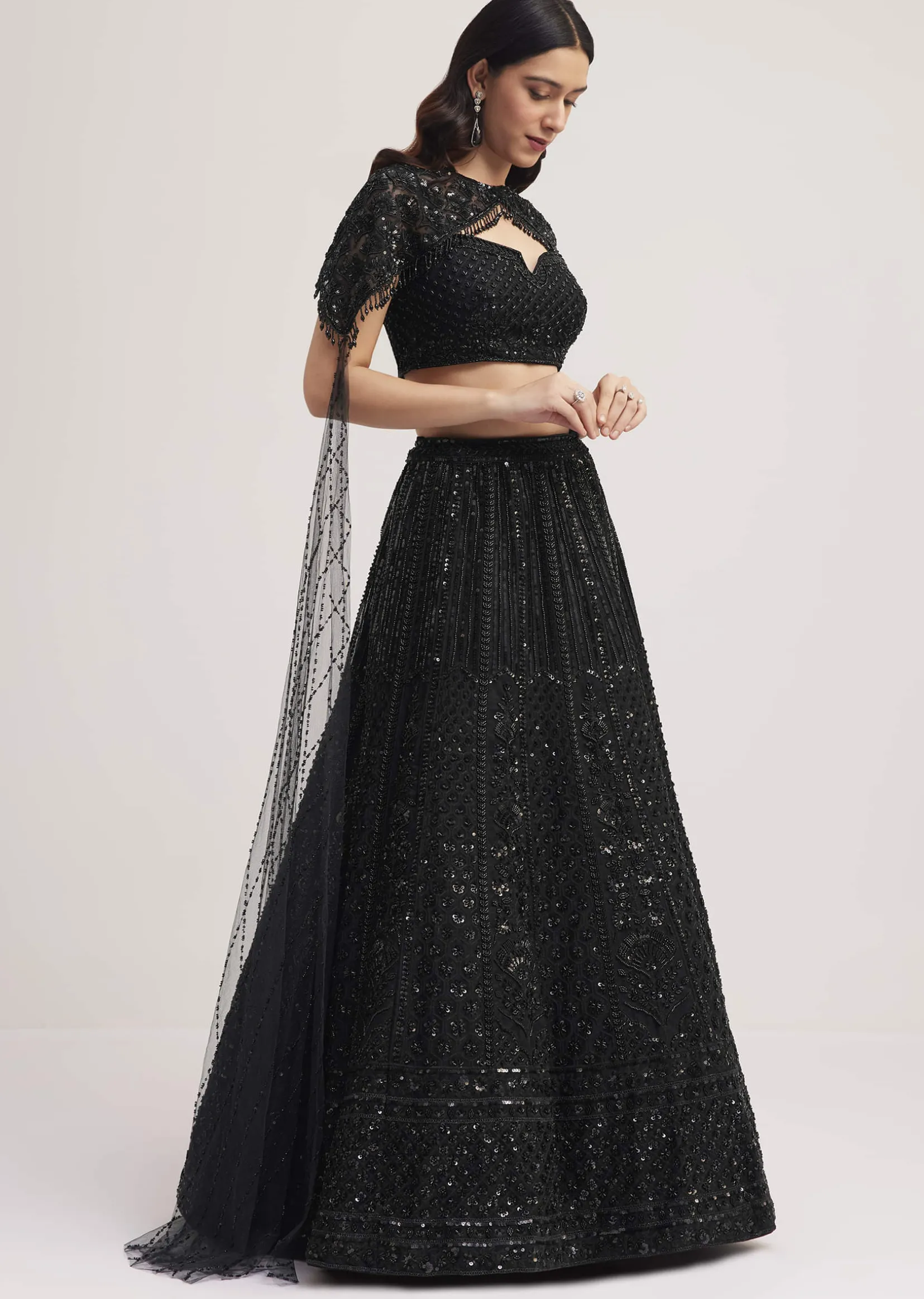 Black Sequin Embellished Lehenga Choli Set With Cape