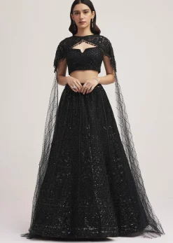 Black Sequin Embellished Lehenga Choli Set With Cape