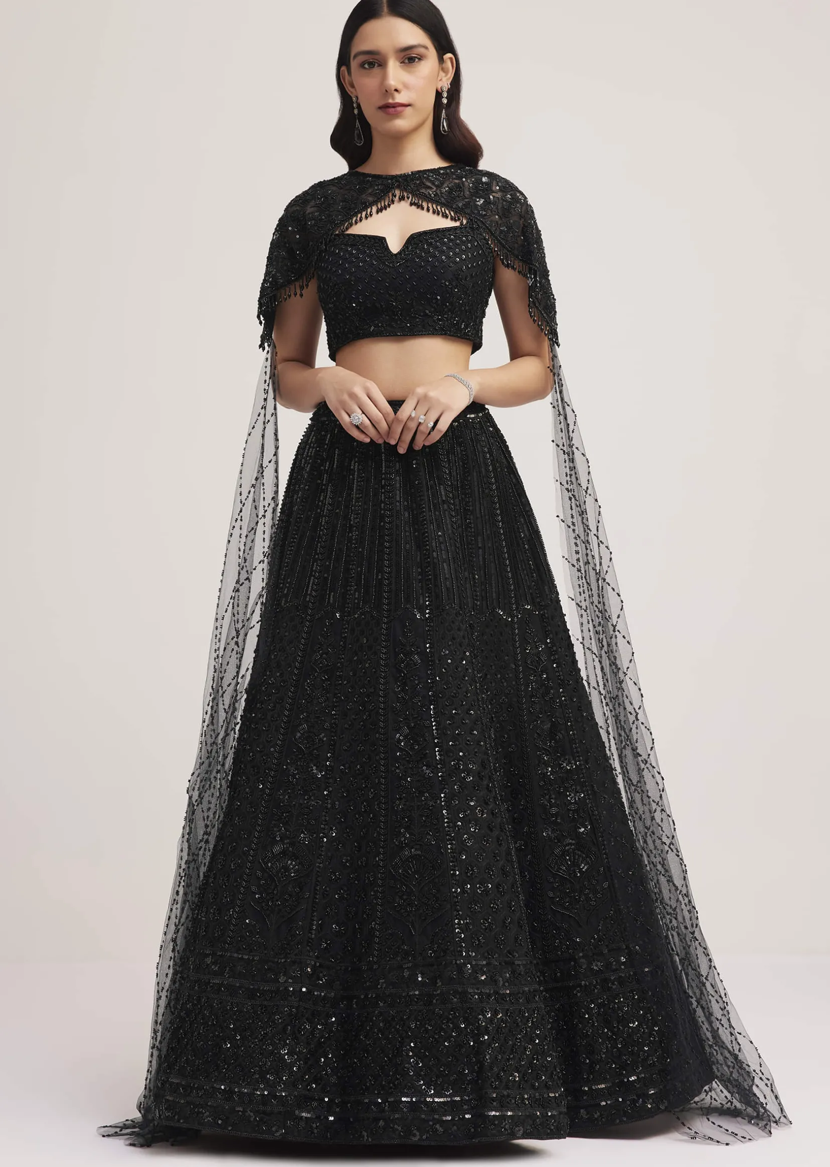 Black Sequin Embellished Lehenga Choli Set With Cape