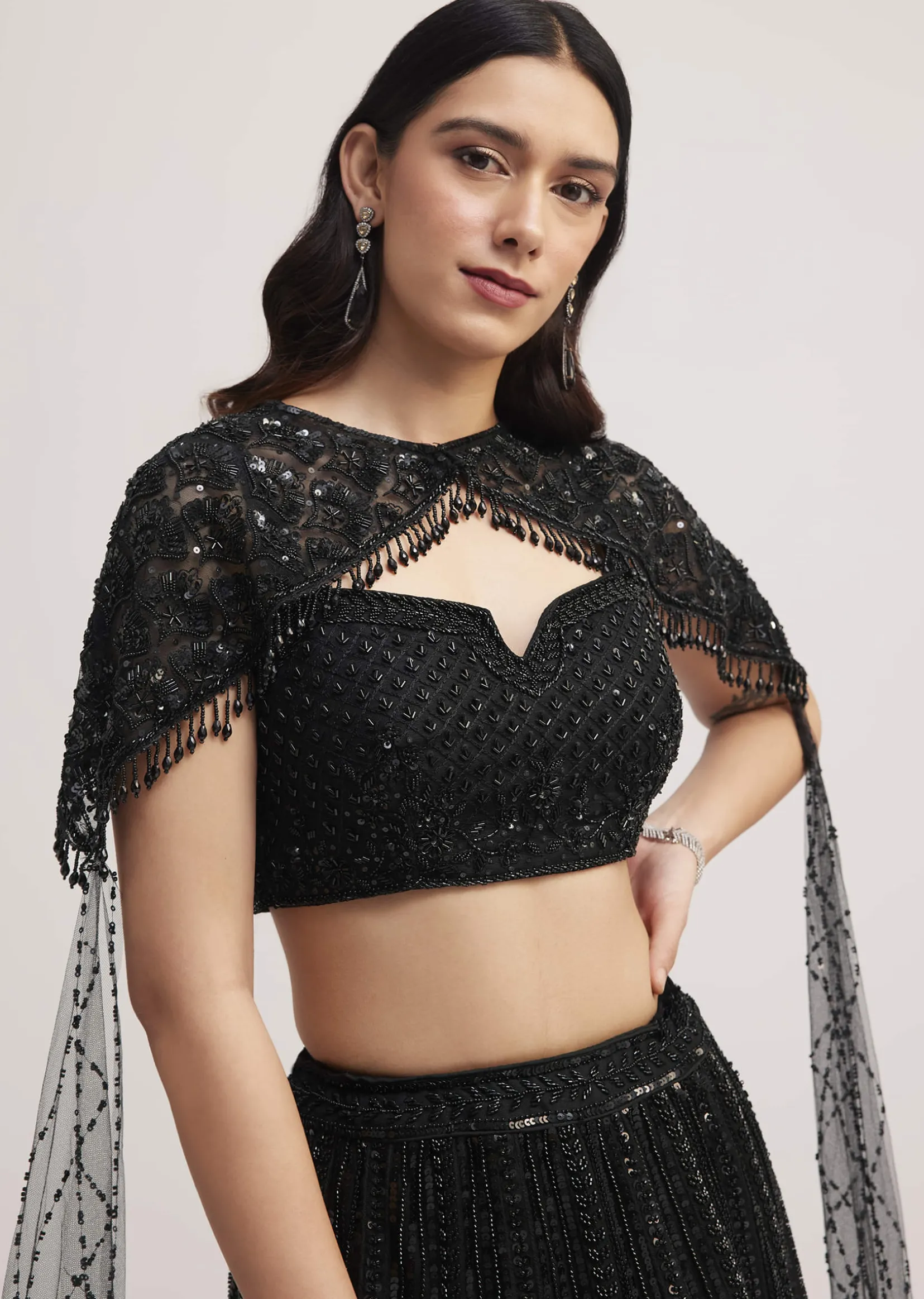 Black Sequin Embellished Lehenga Choli Set With Cape