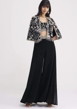 Black Sequin Patch Work Croptop Palazzo With Cape