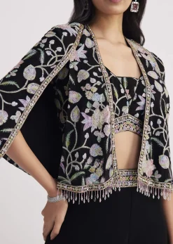 Black Sequin Patch Work Croptop Palazzo With Cape
