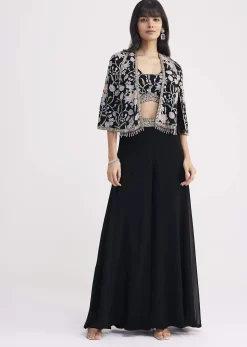 Black Sequin Patch Work Croptop Palazzo With Cape