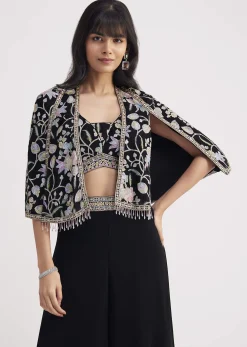 Black Sequin Patch Work Croptop Palazzo With Cape