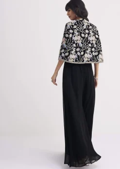 Black Sequin Patch Work Croptop Palazzo With Cape