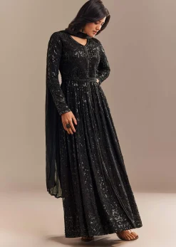 Black Sequined High Slit Anarkali Set