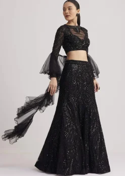 Black Sequins Lehenga Set With Ruffled Dupatta