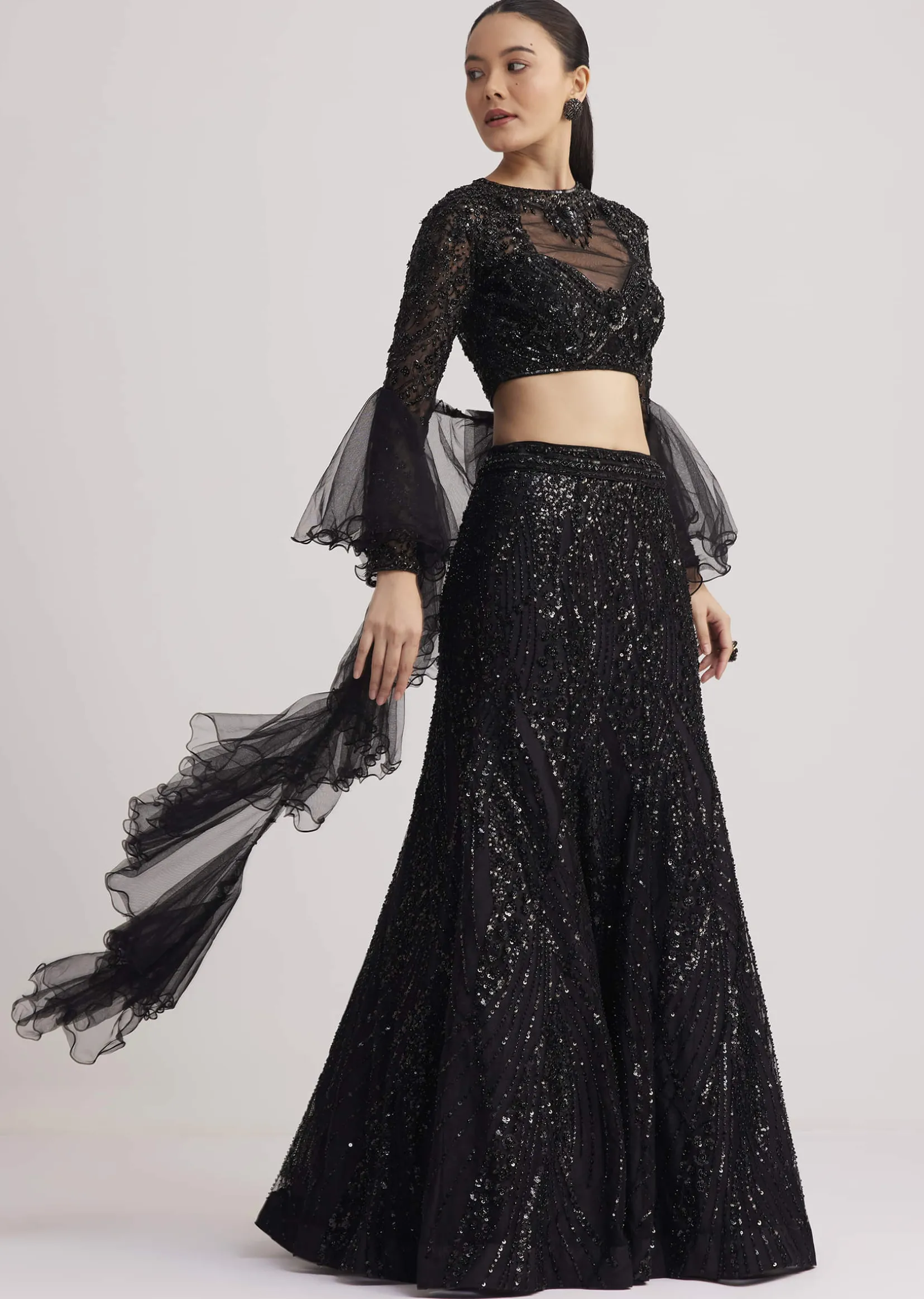 Black Sequins Lehenga Set With Ruffled Dupatta