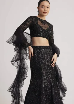 Black Sequins Lehenga Set With Ruffled Dupatta