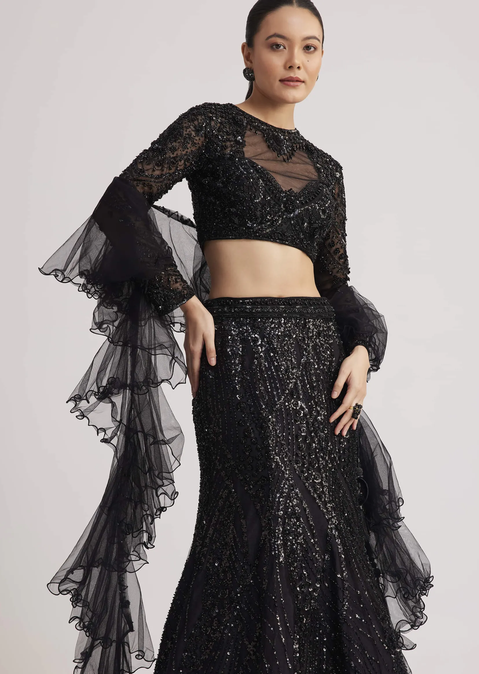 Black Sequins Lehenga Set With Ruffled Dupatta