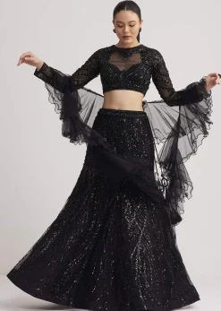 Black Sequins Lehenga Set With Ruffled Dupatta