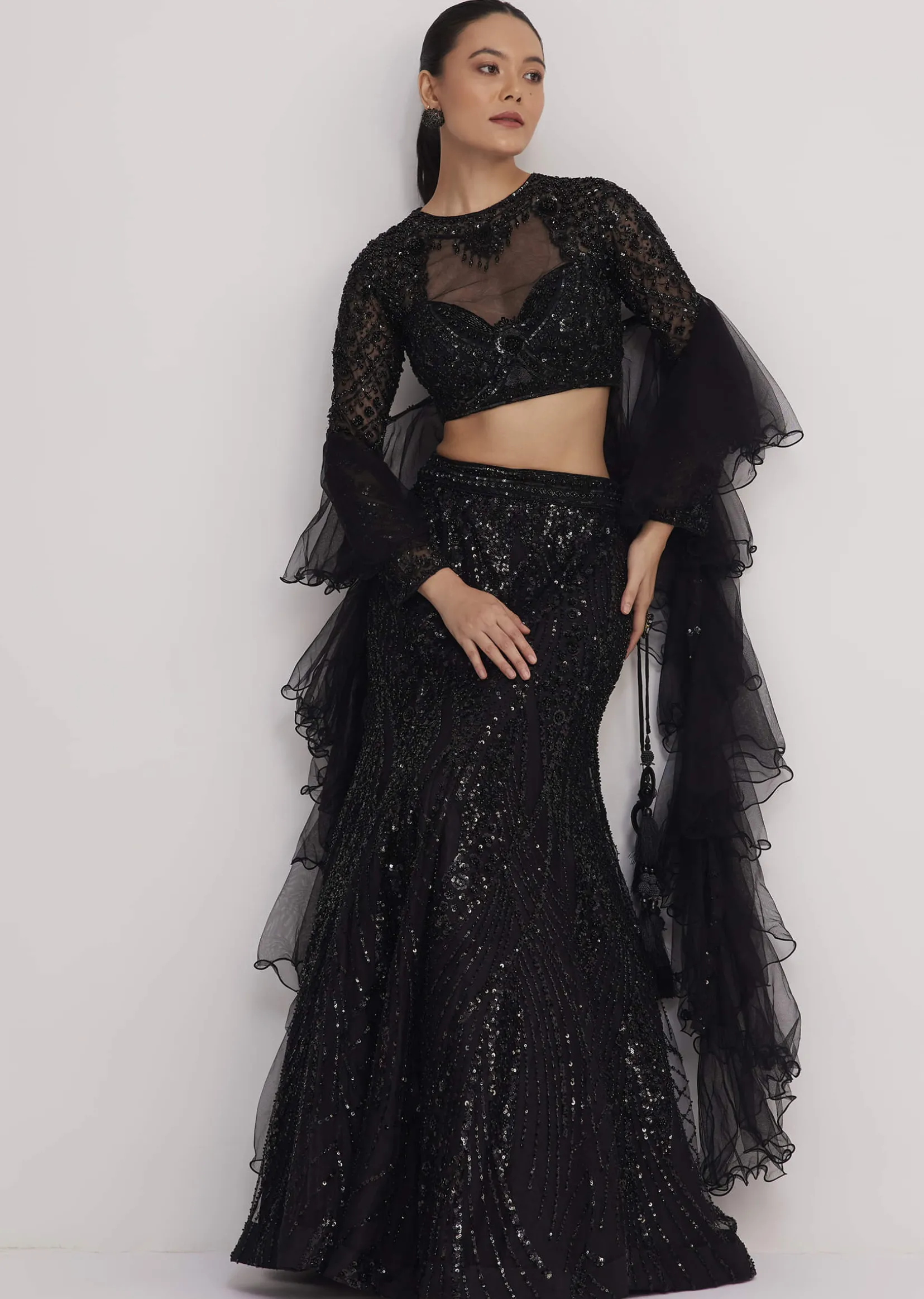 Black Sequins Lehenga Set With Ruffled Dupatta