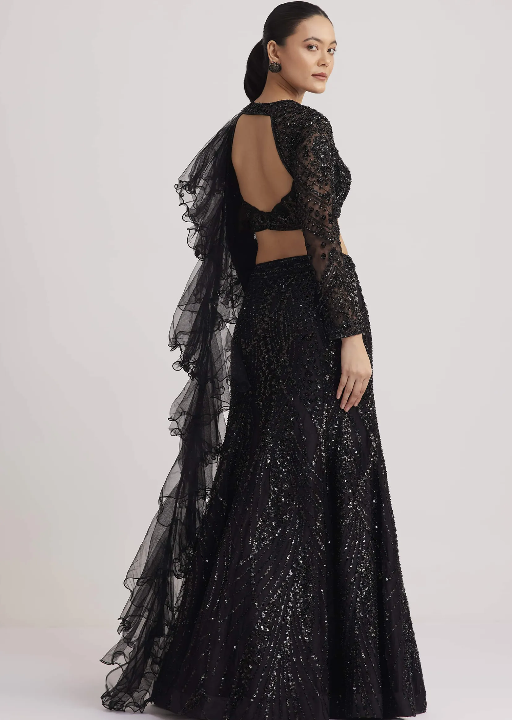 Black Sequins Lehenga Set With Ruffled Dupatta