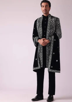 Black Sherwani In Velvet With Thread Embroidery