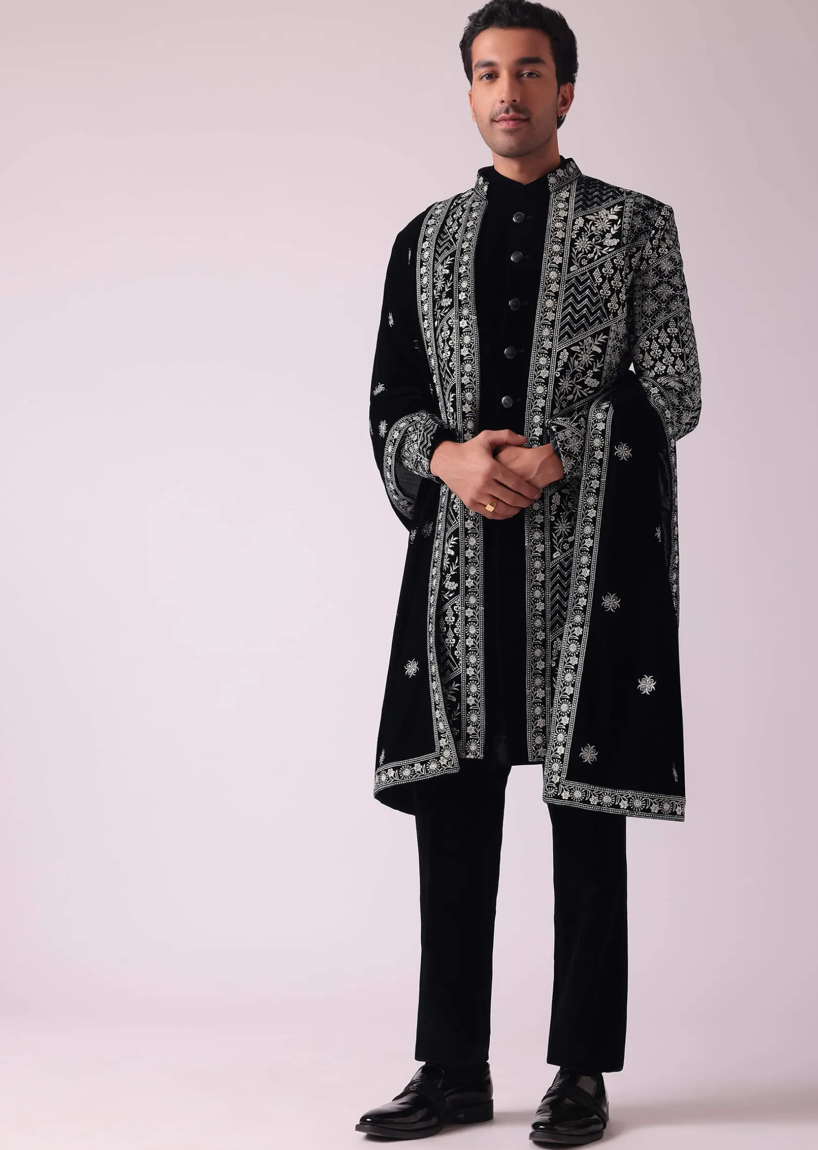 Black Sherwani In Velvet With Thread Embroidery