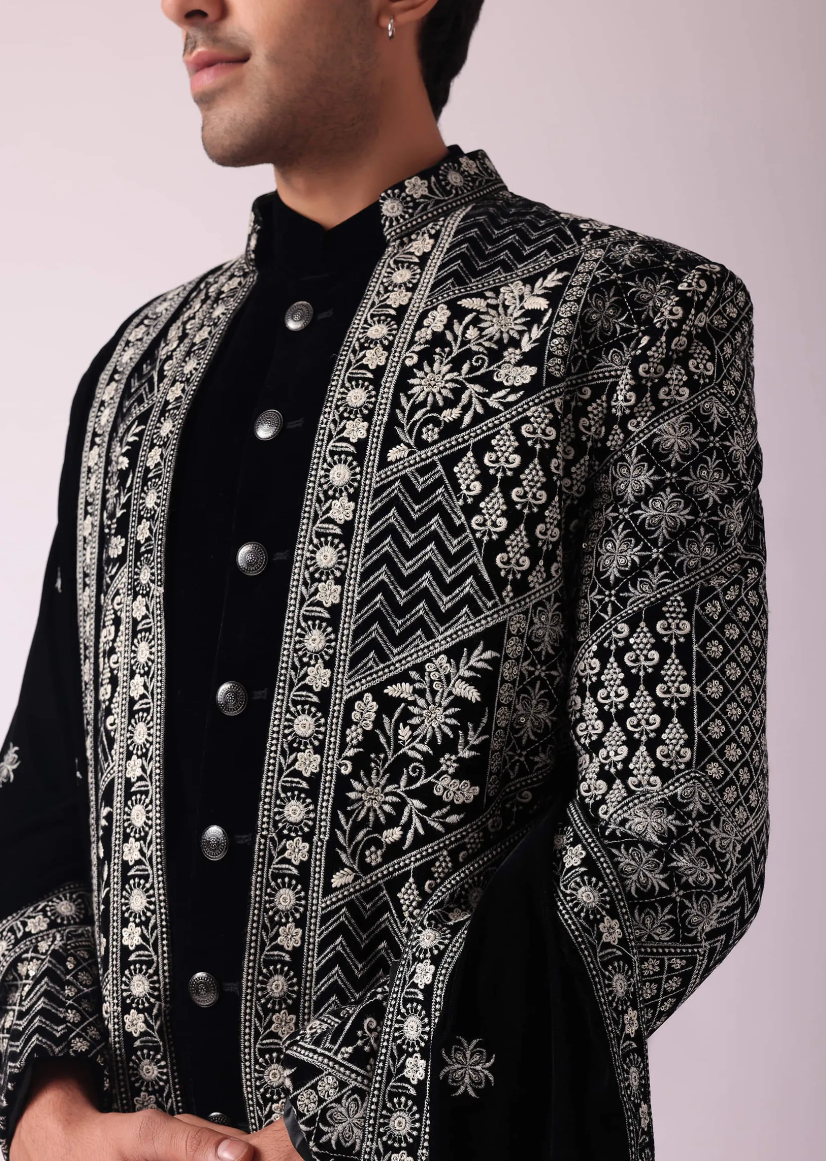 Black Sherwani In Velvet With Thread Embroidery