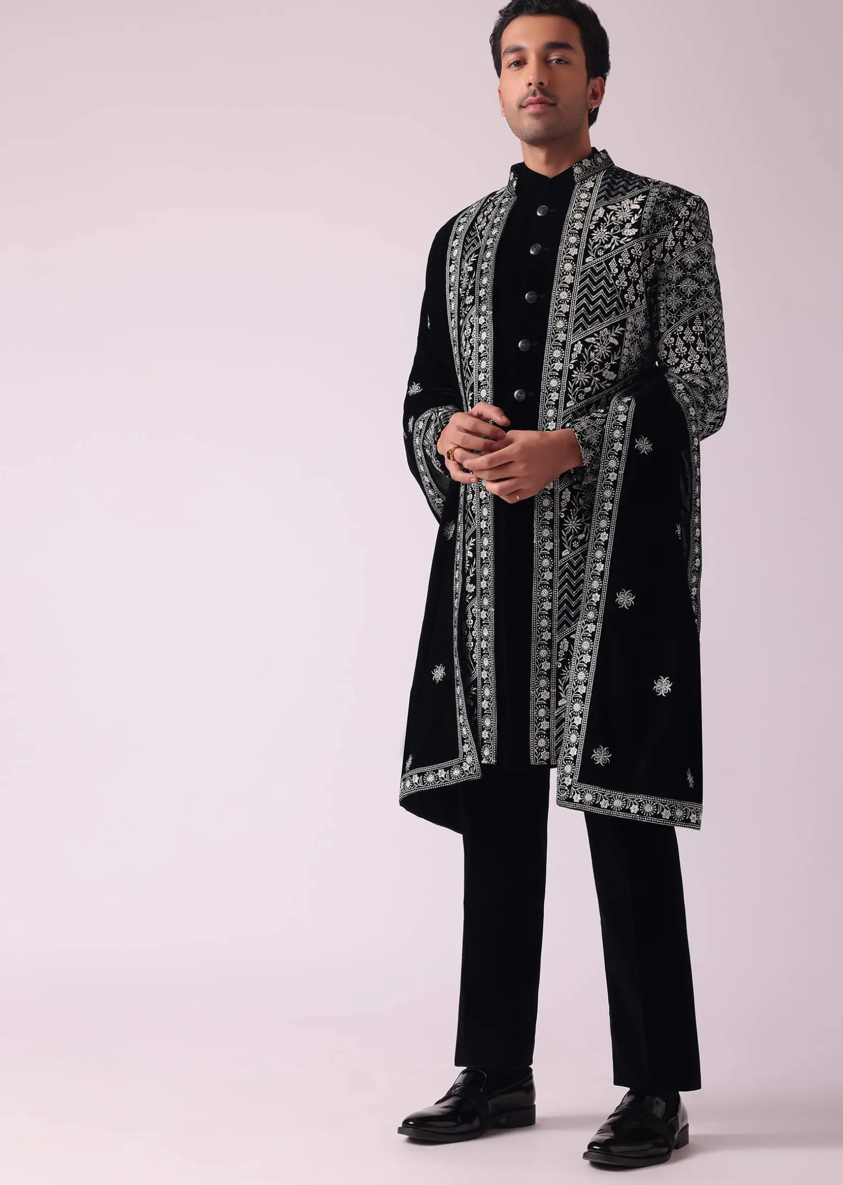 Black Sherwani In Velvet With Thread Embroidery