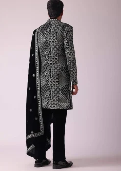 Black Sherwani In Velvet With Thread Embroidery