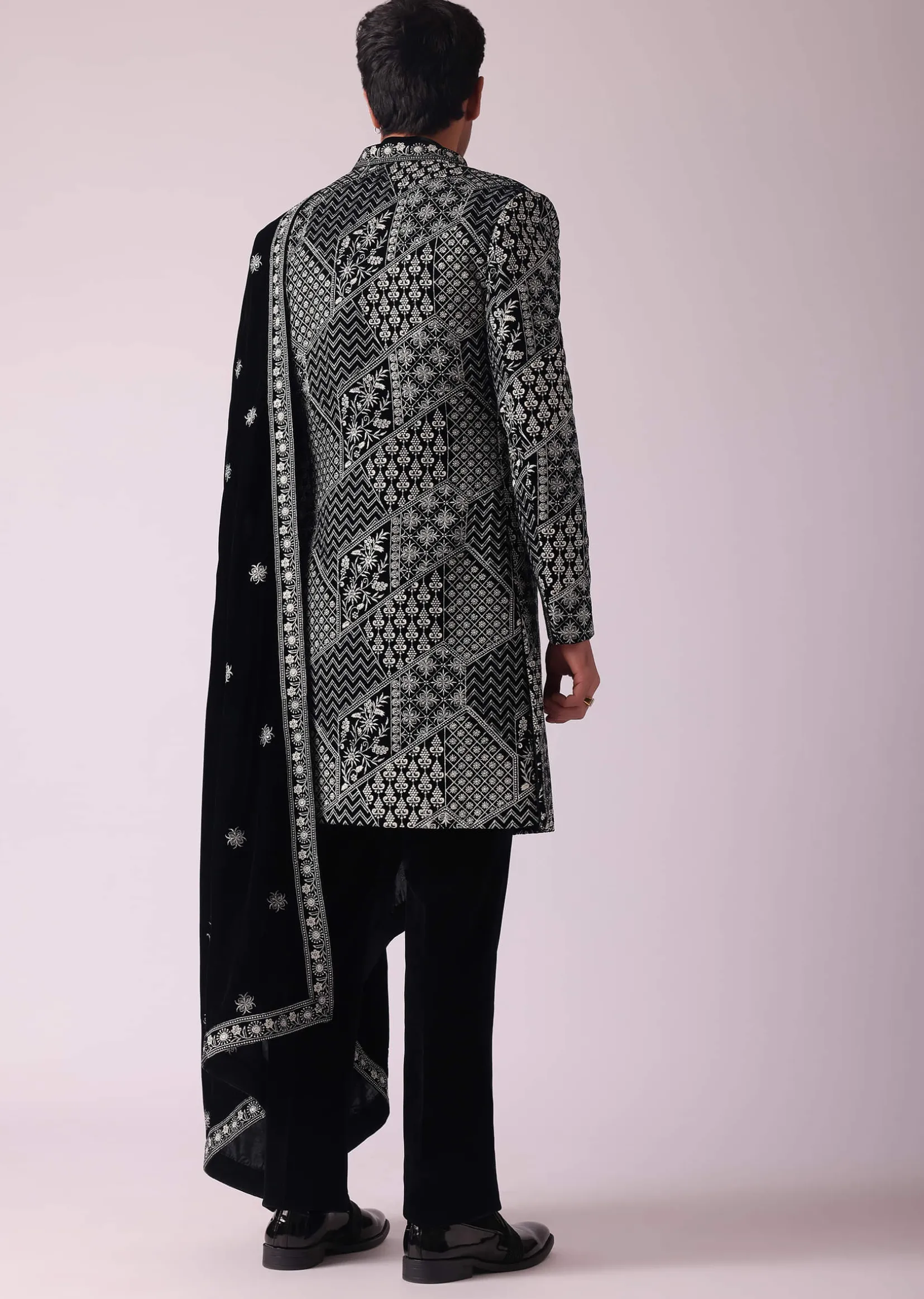 Black Sherwani In Velvet With Thread Embroidery