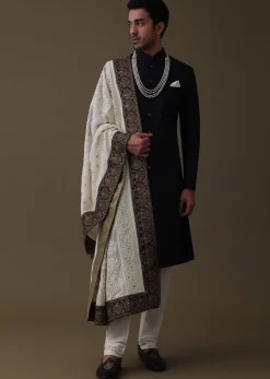 Black Sherwani Set In Silk With Embroidered Dupatta And Mala