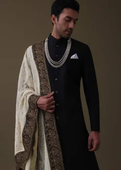 Black Sherwani Set In Silk With Embroidered Dupatta And Mala