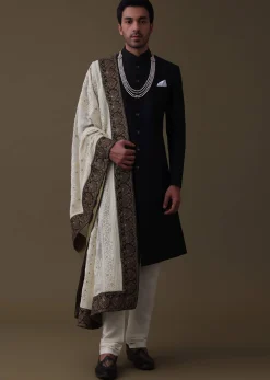 Black Sherwani Set In Silk With Embroidered Dupatta And Mala