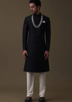Black Sherwani Set In Silk With Embroidered Dupatta And Mala
