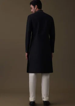 Black Sherwani Set In Silk With Embroidered Dupatta And Mala