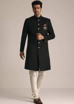 Black Sherwani Set With Contrasting Bottom