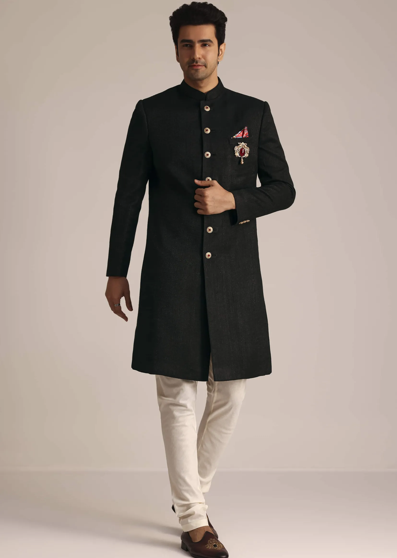 Black Sherwani Set With Contrasting Bottom